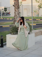 YEZWE Modest Maxi Dress in soft green with stylish long sleeves and a cinched waist
